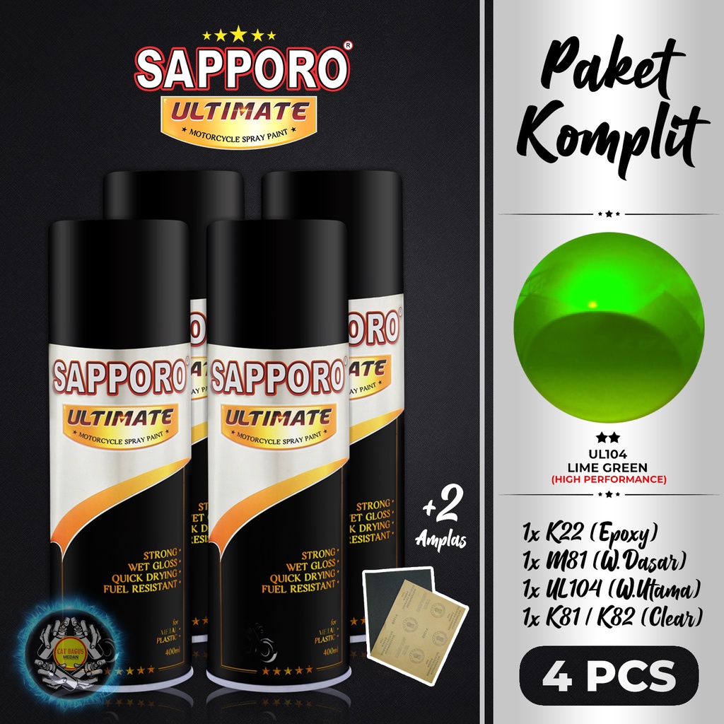 PAKET UL104 LIME GREEN SAPPORO ULTIMATE CAT SEMPROT 400 ML CAT MOTOR AEROSOL PYLOX WARNA HIJAU KAWAS