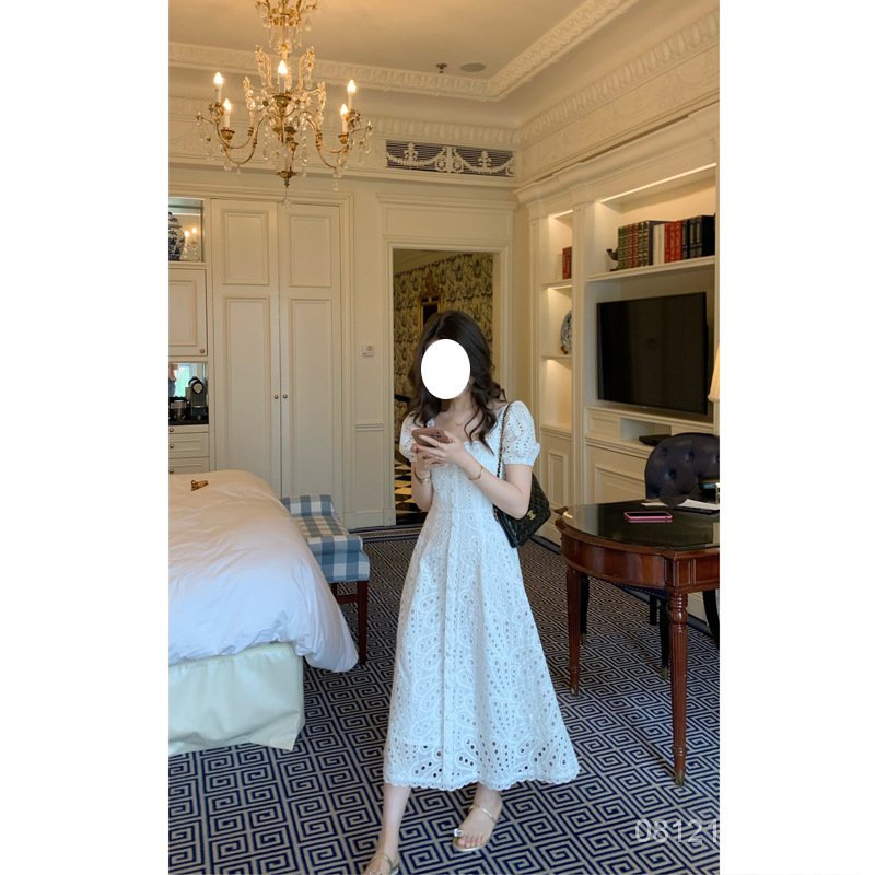 #Sisjuly# Musim Panas Camellia / Bahasa Perancis Bordir Renda Tea Break Long Dress untuk Wanita Musi