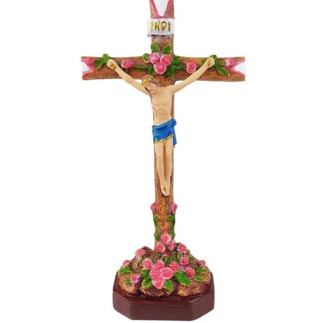 Salib Duduk Meja Motif Pohon Dan Bunga Mawar Corpus Patung Tubuh Yesus