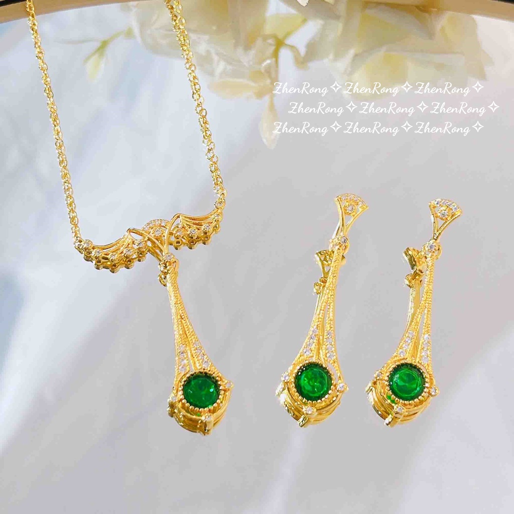 Goldkingdom Fashion Perhiasan Emas Asli Kadar 375 Bangkok Aksesoris Ready Stock French Vintage Ringan Mewah Jelly Kacang Kalung Chic Sayap Malaikat Set Emerald Earrings