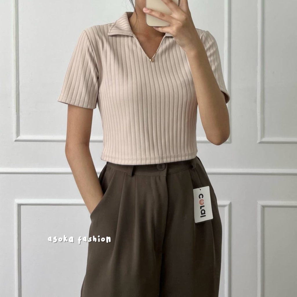 Lily Top 260 - Kaos Knit Rib - Kaos Pendek Wanita - Kaos Polo Crop-Cream