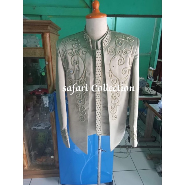 beskap pengantin warna hijau sage/ beskap akad modern/beskap motif payet