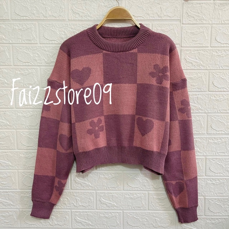 ELSA SWEATER RAJUT CROP MOTIF LOVE BUNGA KOTAK KOTAK LENGAN PANJANG