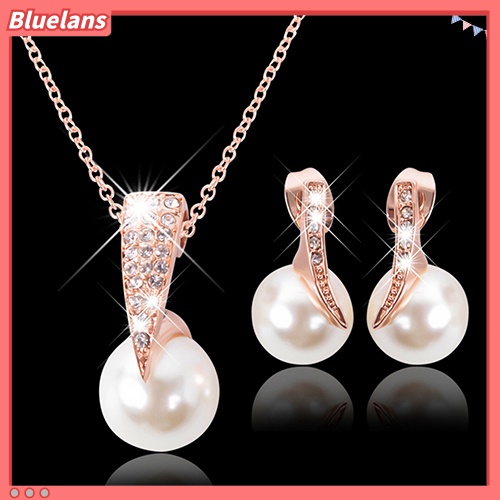 Bluelans Wedding Jewelry Set Bride Rose Gold Crystal Faux Pearl Pendant Necklace Earrings