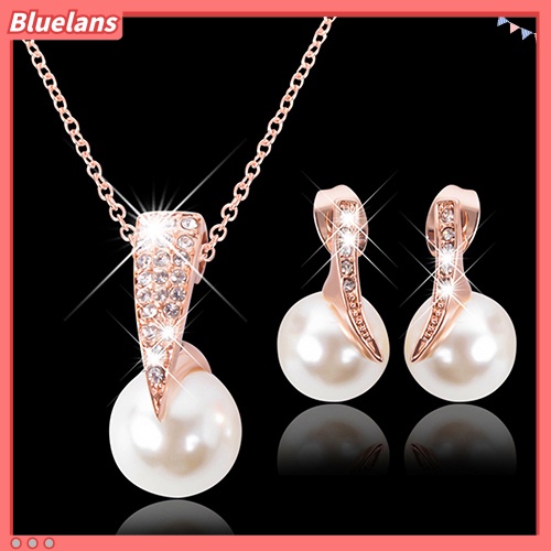 Bluelans Wedding Jewelry Set Bride Rose Gold Crystal Faux Pearl Pendant Necklace Earrings