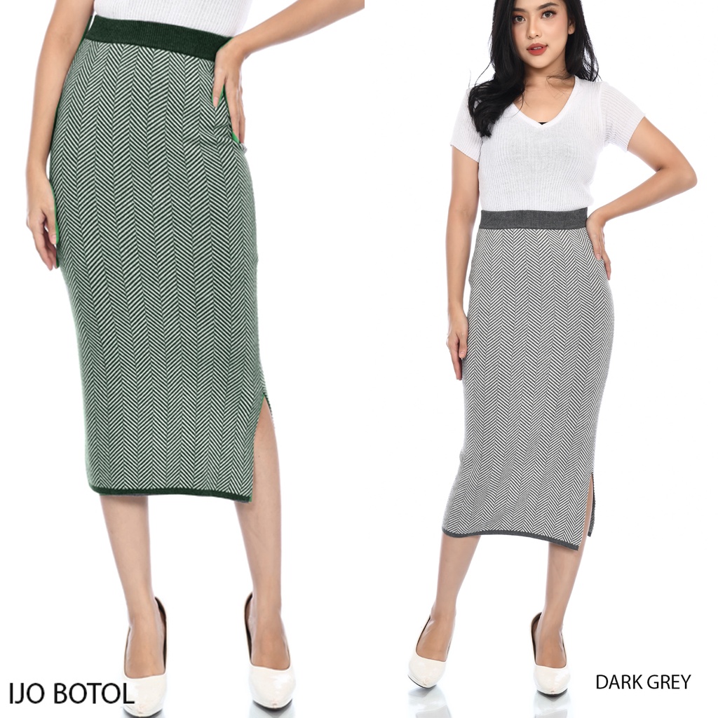 (RJ280) Rok knit midi skirt slit motif