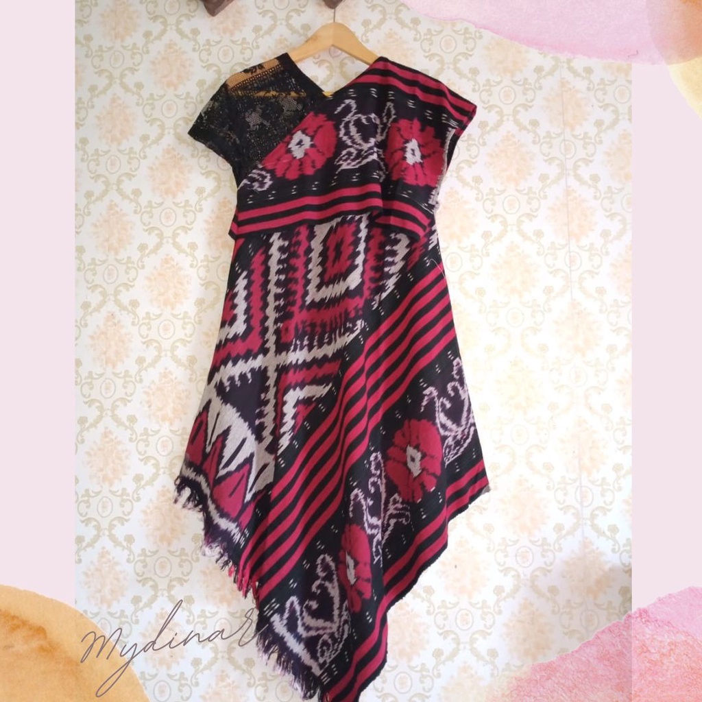 Dress Tenun etnik dress kondangan mix brokat Merah Marun hitam Motif Bunga free belt Baju pakaian Ib