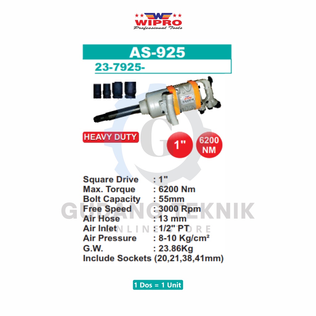 Air Impact Wrench 1&quot; TWIN HAMMER Truck Heavy Duty WIPRO AS-925 / Alat Buka Pasang Baut Impact Wrench ANGIN 1 Inch Truk WIPRO AS925 - Alat Buka Baut Truck Angin WIPRO AS 925