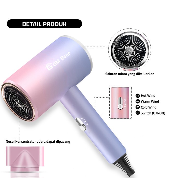 GM Bear Hair Dryer Professional 1551 Pink Purple - Vlasy Alat Pengering Rambut