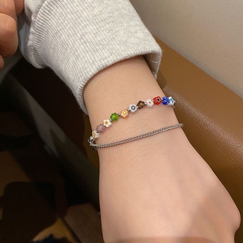 Roselife Gelang Tangan Rantai Silver Wanita Desain Bunga Resin Pelangi layer Ganda Gaya Korea