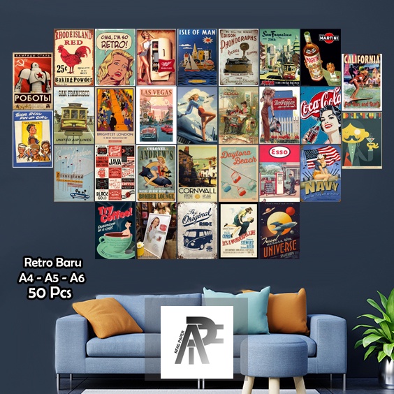 POSTER MOTIF RETRO BARU 50 PCS / POSTER DINDING AESTHETIC / POSTER A6 A5 A4 / POSTER DINDING KAMAR /