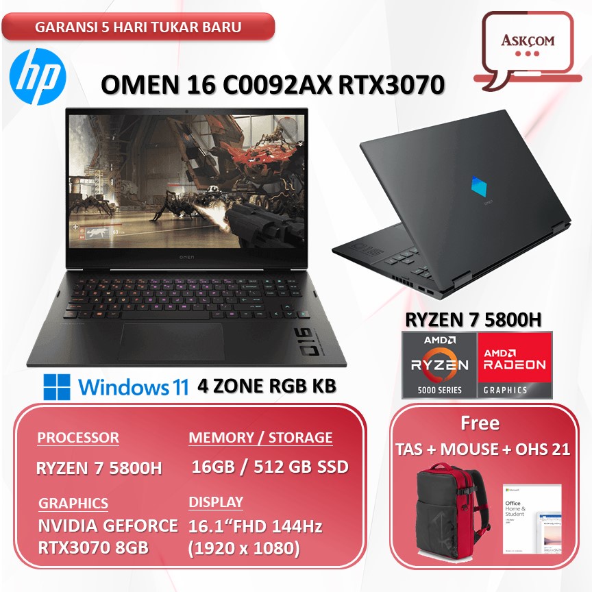 LAPTOP HP Omen 16 RTX3070 8GB RYZEN 7 5800H 16GB 512GB SSD 16.1&quot;FHD 144Hz Windows11+OHS 21