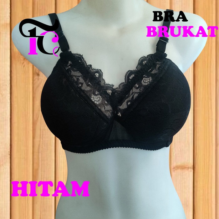 NEW bra bh renda brukat tanpa kawat busa tipis premium - Hitam, 34
