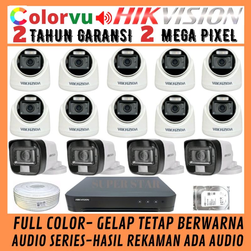 PAKET CCTV COLORVU HIKVISION 16 CHANNEL 14 KAMERA 2MP AUDIO FULL COLOR