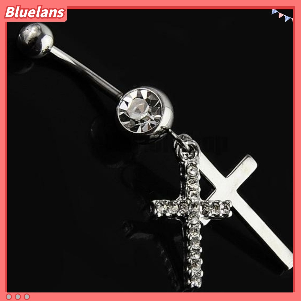 Bluelans Rhinestone Double Cross Dangle Navel Belly Button Barbell Ring Body Piercing Jewelry