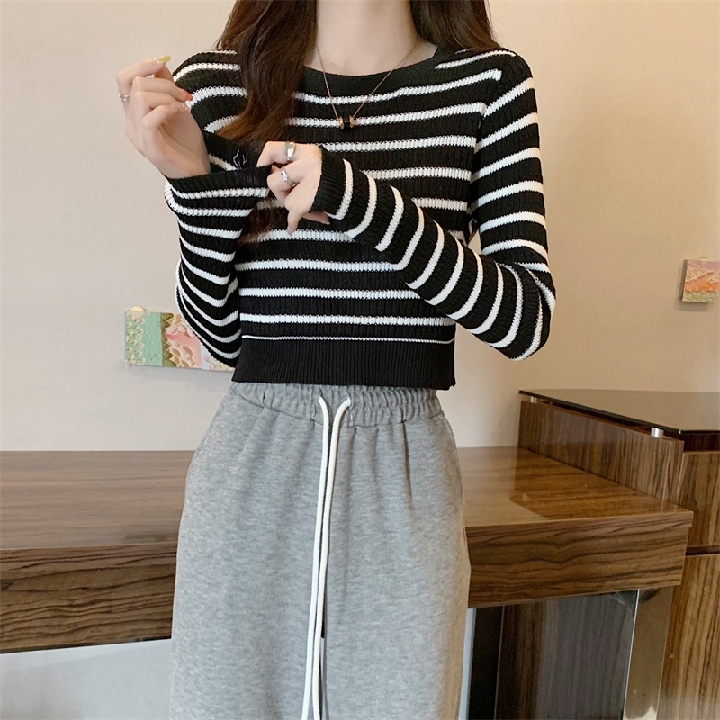 Crewnneck Wanita Knit Stripe Lengan Panjang Sweater Rajut