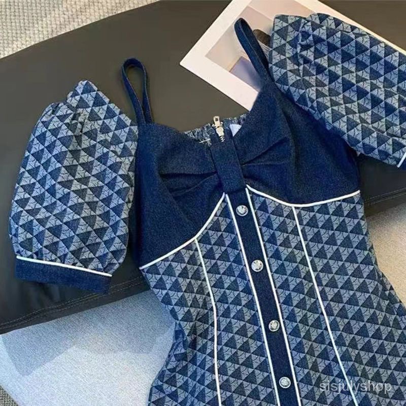 #Sisjuly# Gaun denim wanita musim panas rok desain Prancis baru