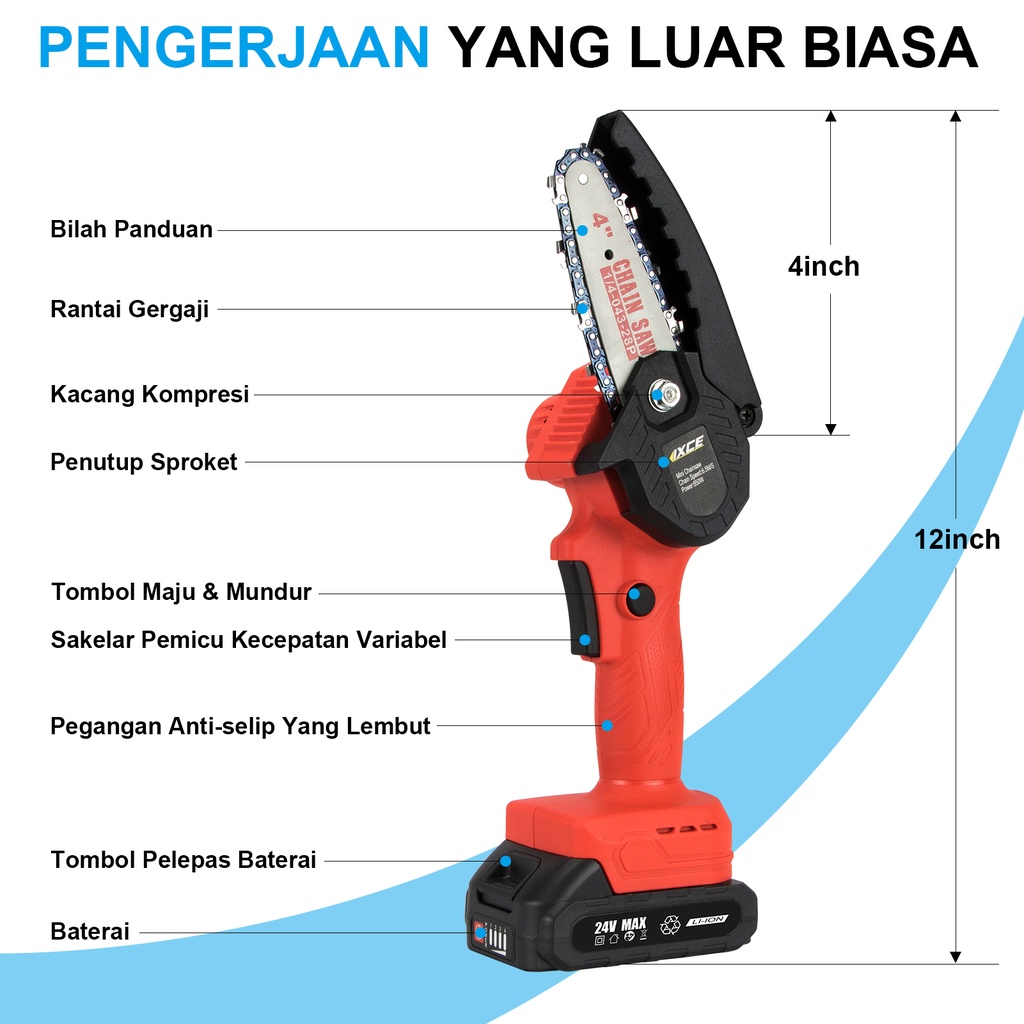 IXCE Gergaji rantai listrik 4&quot;/6&quot;/8&quot; gergaji tangan tanpa kabel hingga 800W  daya perlindungan kelebihan kecepatan variabel stepless Portable dan hemat tenaga kerja Harga grosir bisa nego