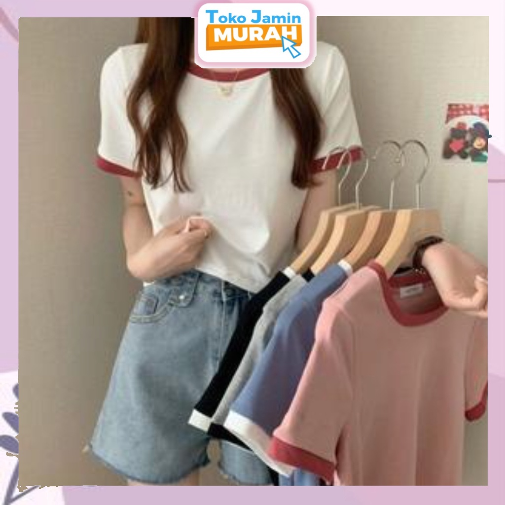 TJM BJ284 Baju Wanita Atasan Round Neck Short Sleeve Contrast Colour T-Shirt Kaos Wanita Lengan Pendek