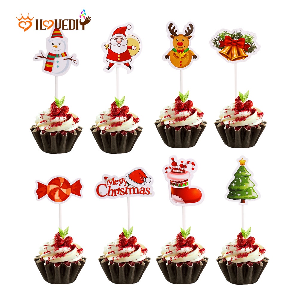 24pcs Kartu Label Topper Kue Ulang Tahun Desain Kartun Santa Claus Pohon Natal Untuk Dekorasi