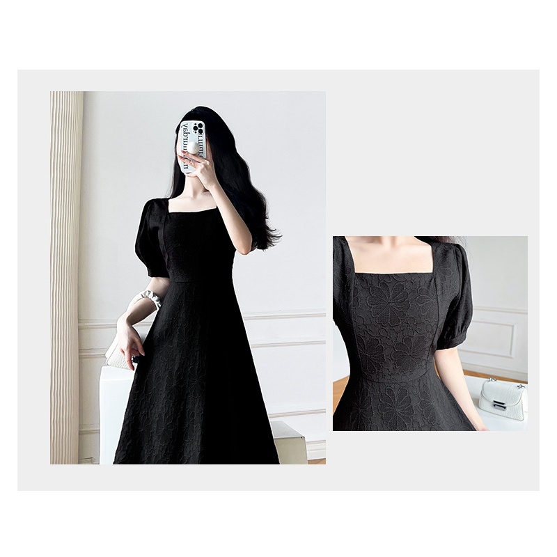 Dress wanita warna hitam cantik korea lengan pendek elegant
