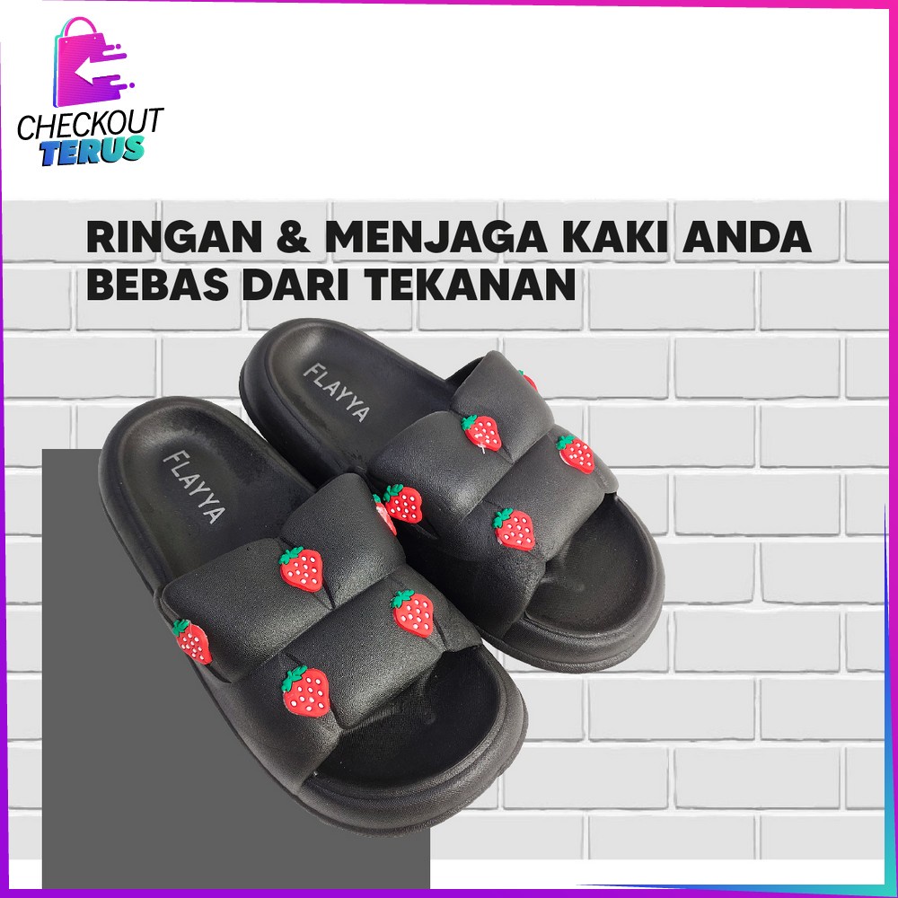 CT S50 Sandal Selop Wanita Bahan PVC Motif Strawberry Korean Style Elastik Empuk Anti Slip Import Sendal Jelly Soft Slipper