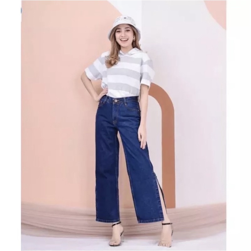 KULOT JEANS BELAH SAMPING // CELANA KULOT HW BELAH JEAN TEBAL / HIGHWAIST KULOT JEANS WANITA EONNI