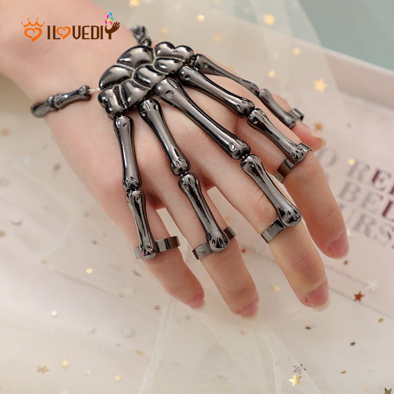 Gelang Cincin Rantai Adjustable Desain Kerangka Tulang Tangan Gaya Punk Untuk Dekorasi Halloween