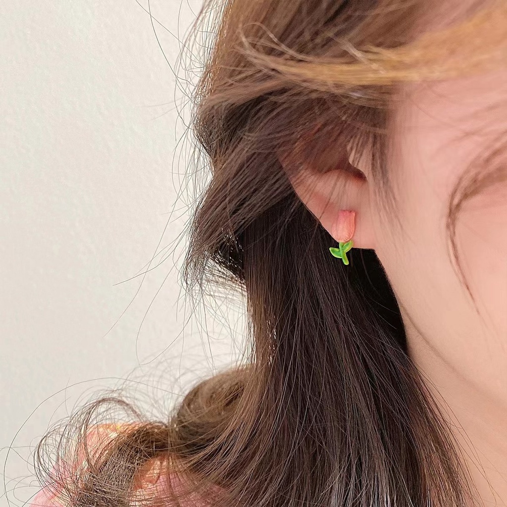 AY(CN) Anting Stud Desain Bunga Tulip Pink Daun Hijau Untuk Wanita