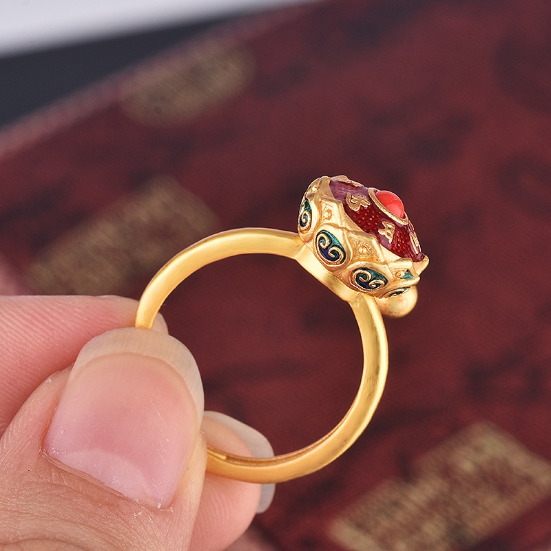 Goldkingdom Perhiasan Fashion 24K Bangkok Aksesoris Ready Stock Cincin Yang Dapat Disesuaikan Dengan Enam Karakter Jingyan Buatan Tangan Enamel Berwarna Membakar Transshipment Biru