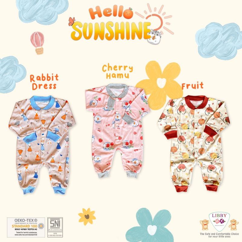 3 Pcs LIBBY Motif Baju Kodok Oblong Panjang Boy/Girl Buka Kaki/tutup kaki size Newborn (0-3m) tanpa mika