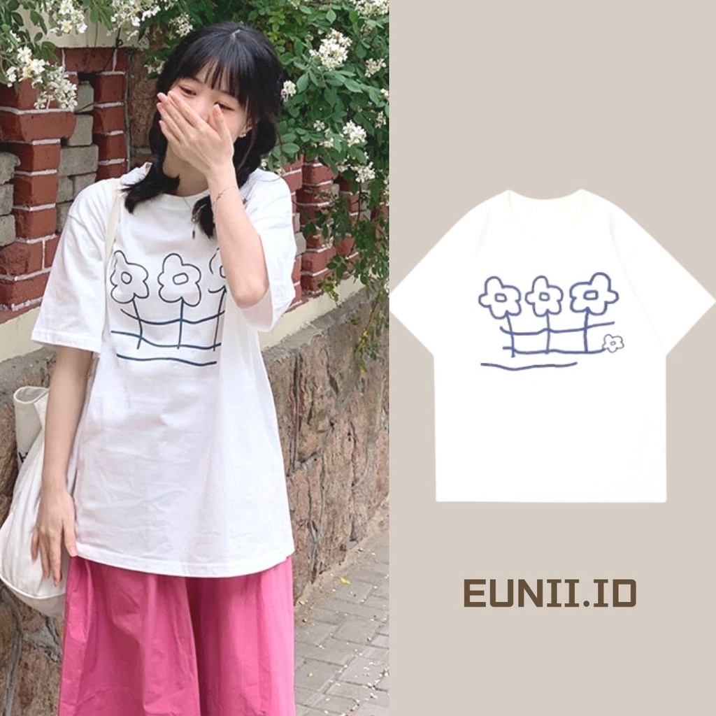 EUNII T-shirt Lengan Pendek Imut Kartun Bunga-Bunga Pencetakan Longgar Korean Style/Kaos Atasan Wanita/Baju Kaus Oversize Wanita