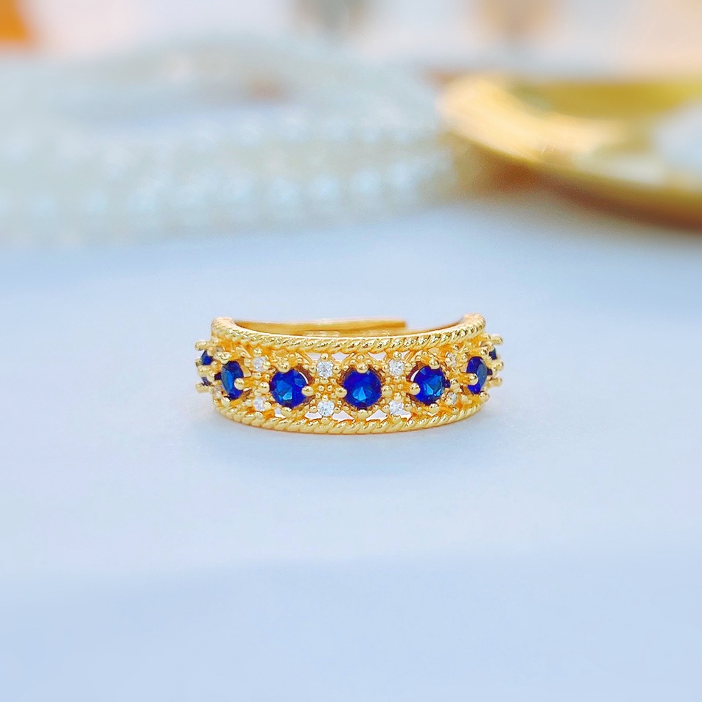 Goldkingdom Perhiasan Fashion Emas Asli Kadar 375 Bangkok Aksesoris Ready Stock Berlapis Emas Vintage Renda Kerajinan Ujung Biru Kristal Karbon Tinggi Berlian Cincin Yang Dapat Disesuaikan Untuk Wanita