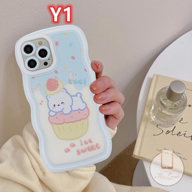 Case Es Krim Musim Panas Redmi9 12C 10 9T 9A 10A A1 A1+10C 9C NFC Redmi Note10 Note 11 Pro+Note9 8 Note 10s 11s 10 Pro Max Plus Strawberry Bear Wavy Edge Casing TPU Lembut Tahan Guncangan