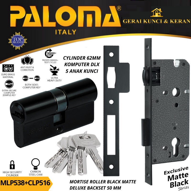 PALOMA MORTISE LOCK SET CYLINDER MLP 538 CLP 516 BODY KUNCI PELOR 50MM CYLINDER 62MM KOMPUTER KEY HITAM BLACK MATTE