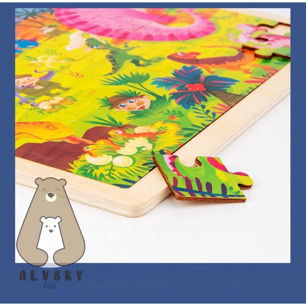 PUZZLE KAYU ANAK 100 PCS / JIGSAW WOODEN PUZZLE 100 PCS DENGAN PAPAN GAMBAR LUCU