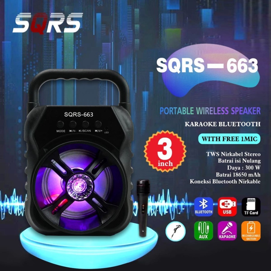 Speaker Bluetooth Portable 3.5&quot; SQRS-663 Best Sound Free Microphone