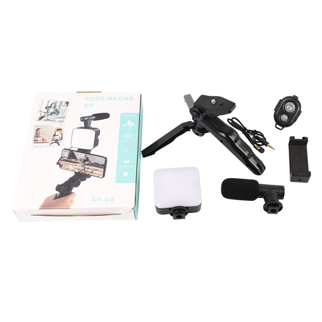 Vlogging Kit Paket Vlog 5 in 1 Led Video Light Phone Holder Tripod Microphone Remote Shutter AY-49