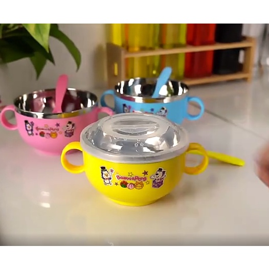 Mangkok Stainless Steel Kartun Dengan Penutup + Sendok