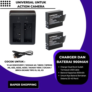 Charger Dual Dock Dan Battery Yi 4K Discovery / Baterai / Batre Akaso V50x / Kogan / Brica / Sjcam / Kogan / Sbox / B PRO 5 / M10 / Eken