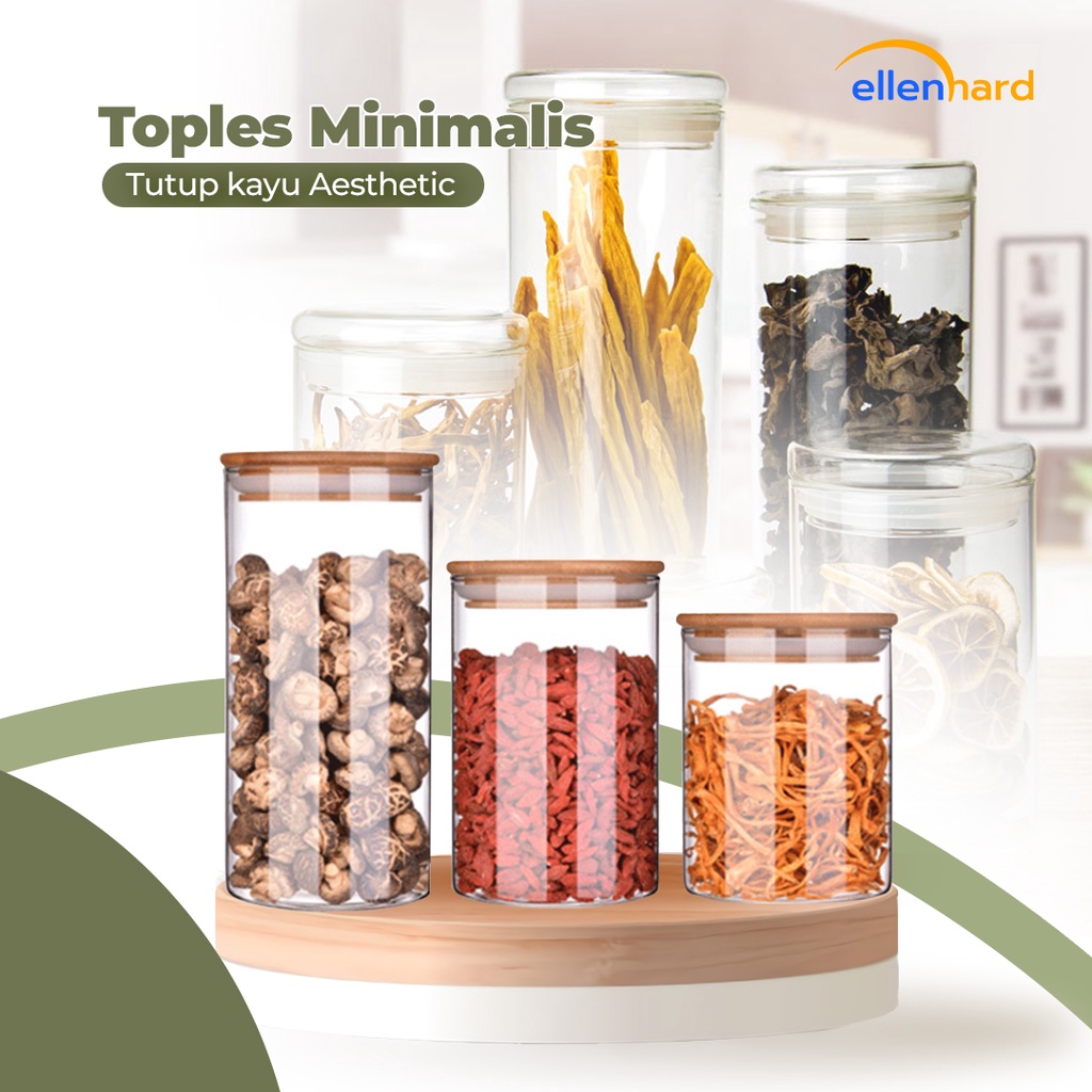 Toples Kaca Tutup Kayu Bulat Kedap Udara Borosilicate Glass Storage Jar