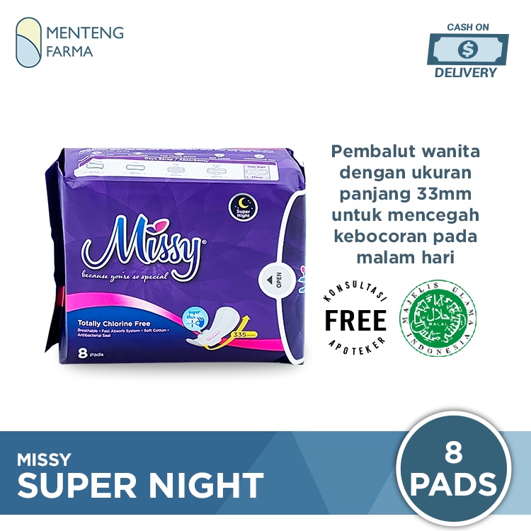 Pembalut Missy Super Night Wings 335 mm 8 Pads | Pembalut Wanita Daily Lebih Panjang Khusus Malam