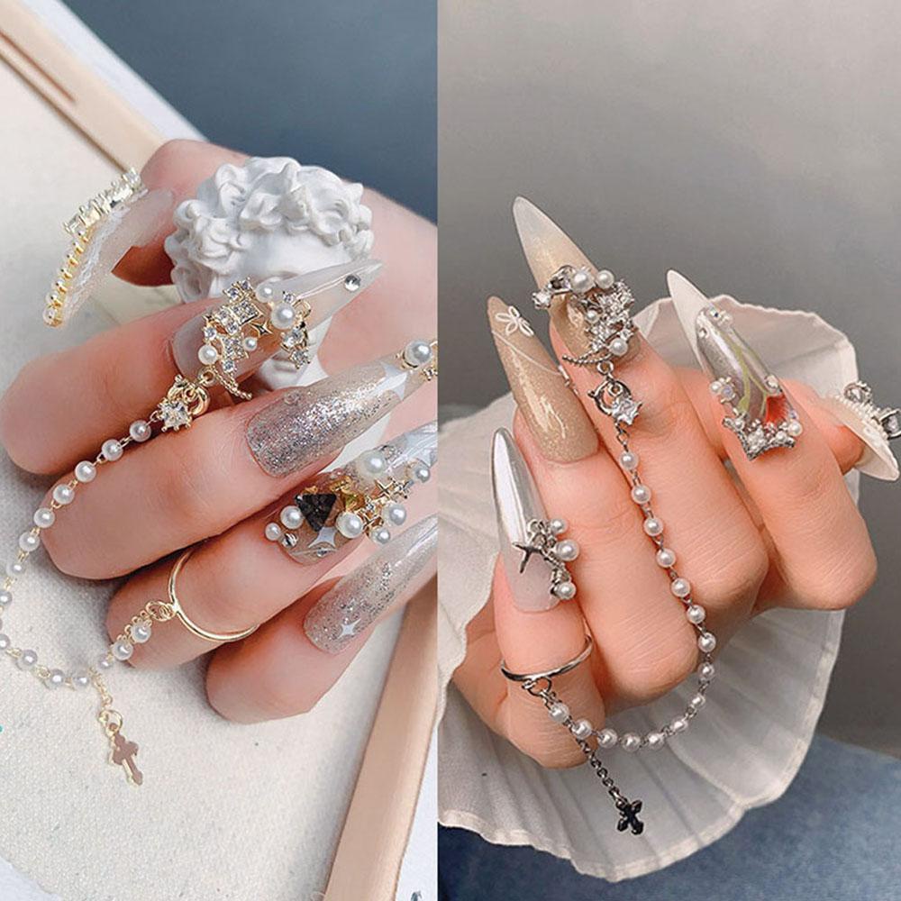 AUGUSTINA Agustin 3D Nail Art Rhinestones Fashion Rantai Manikur Aksesoris Mutiara Paduan Liontin