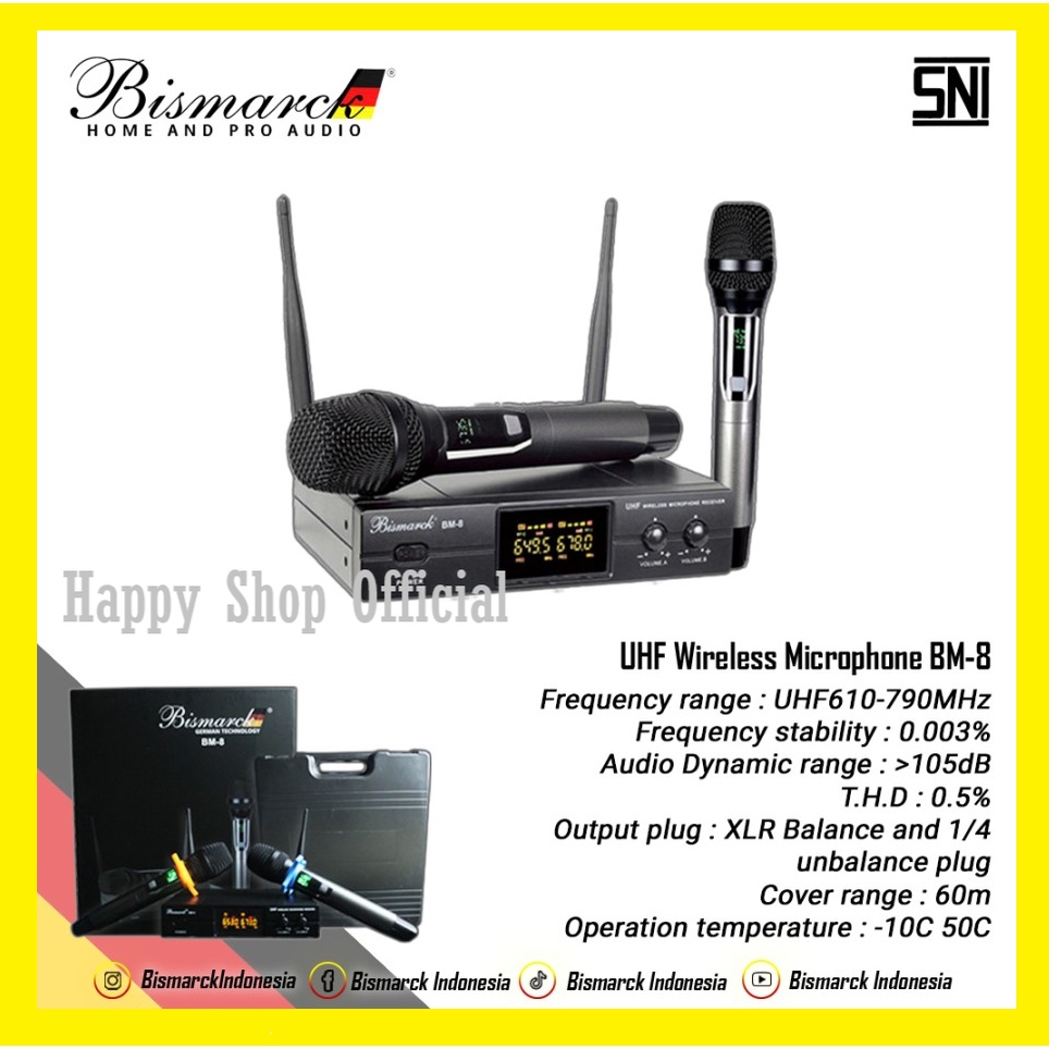 Bismarck Professional Microphone Wireless UHF Frequency BM 8 Garansi