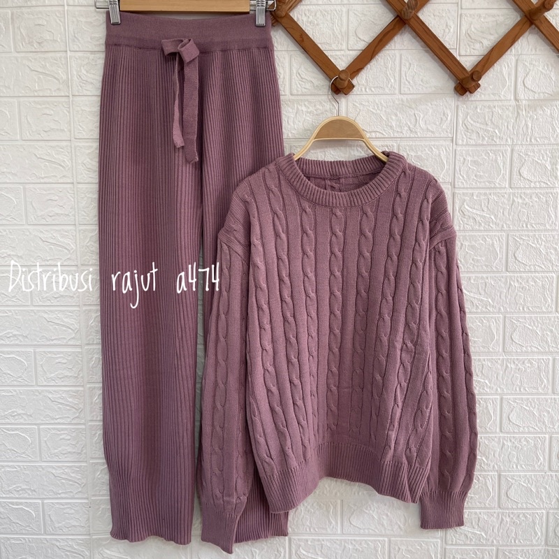 ONESET SWEATER CABLE COUPLE FULL OVERSIZE SETELAN KULOT DAN ROK