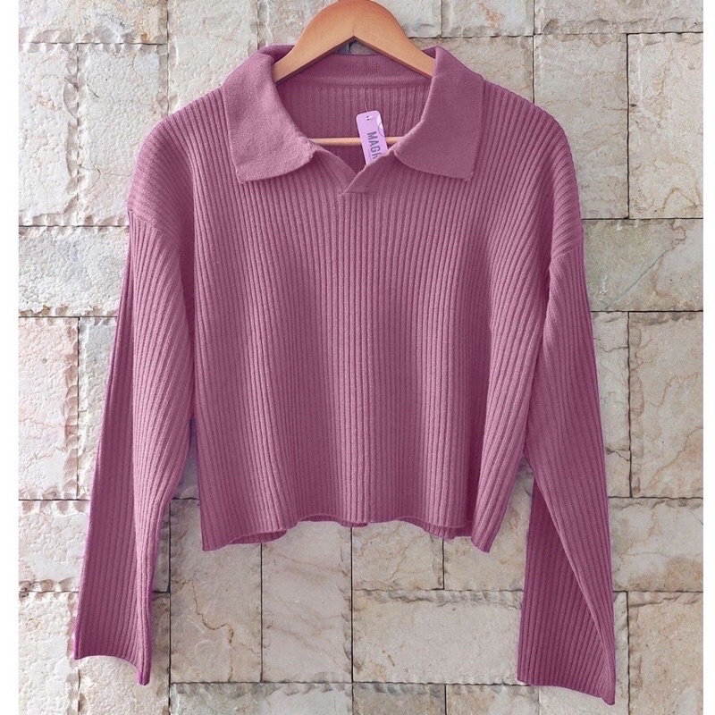 Blouse knit, Blouse Rajut COLLAR. Blouse korea Crop rajut, Atasan Wanita Kerah Polo, Blouse Rajut Model Kerah Polo