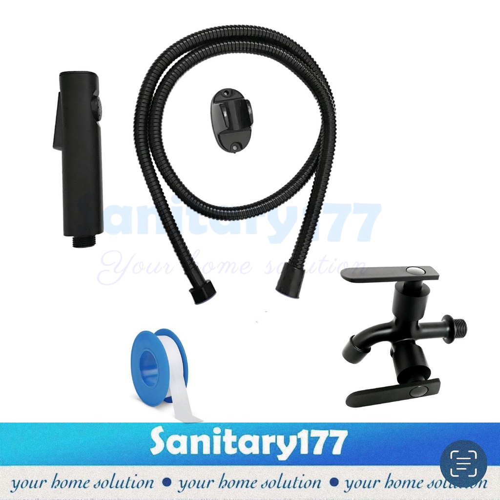 Paket bundling Jet shower bidet HITAM kotak kloset 7b&amp; Kran cabang stainles black matte semorotan toilet cebok closet