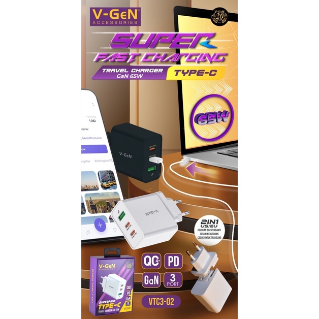 VGEN V-GeN VTC3-02 Adapter Charge Fast Charging 2 PD QC4.0 Type C 65W