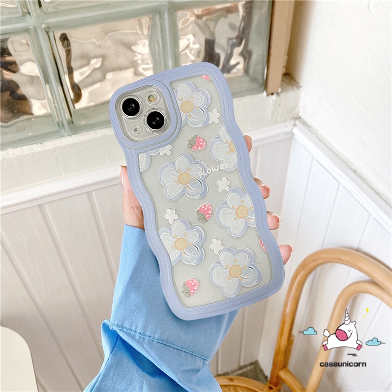 Flowers Case POCO X3 NFC Pro M3 Redmi Note10 10s 9s 9Pro 11Pro+8 9 11s 11 10 Pro Max Redmi 12C A1 9T 10 9A 9C 9 10A 10C A1+Bunga Lucu Strawberry Wavy Edge Frame Lembut Sarung TPU