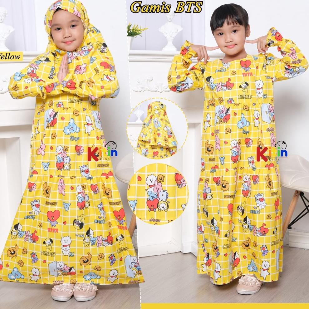 MS - GAMIS ANAK SET HIJAB 2-12 TAHUN/ BAJU MUSLIM NGAJI ANAK PEREMPUAN MOTIF BTS BT21 UNICORN KUCING